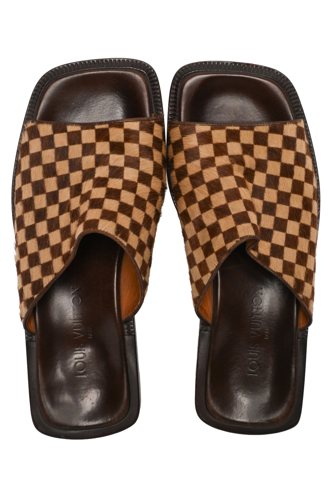 Louis Vuitton Size 8.5 Damier Ebene Print Calf Hair Slide Sandals