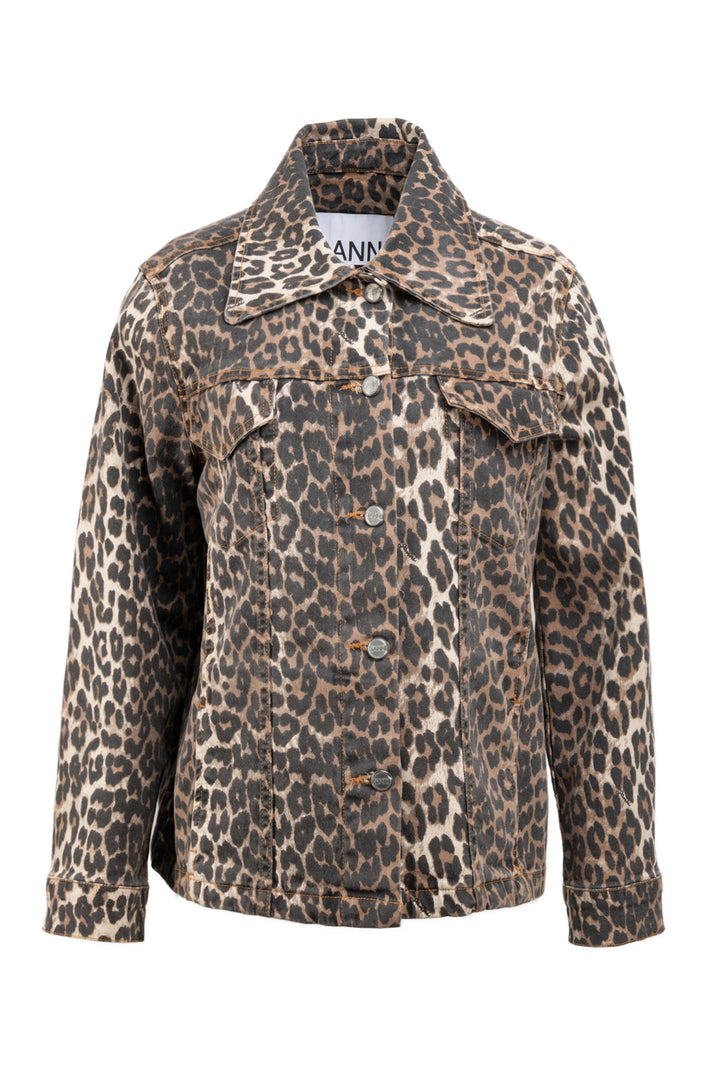 Ganni Size 36 Leopard Print Denim Jacket