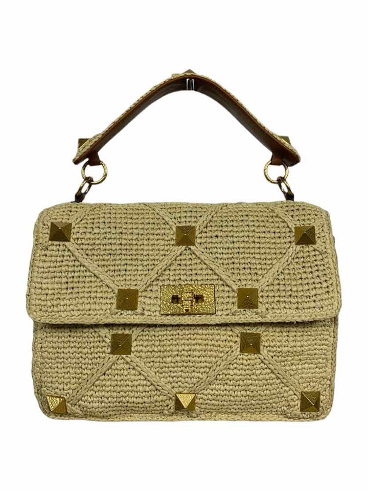 Valentino Roman Stud Large Crochet-Trimmed Raffia Shoulder Bag