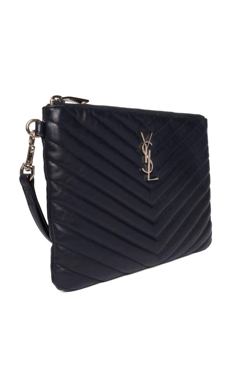 Saint Laurent YSL Monogram Chevron Quilted Leather Wristlet