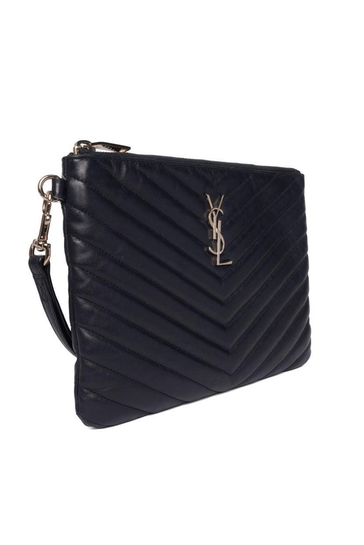 Saint Laurent YSL Monogram Chevron Quilted Leather Wristlet