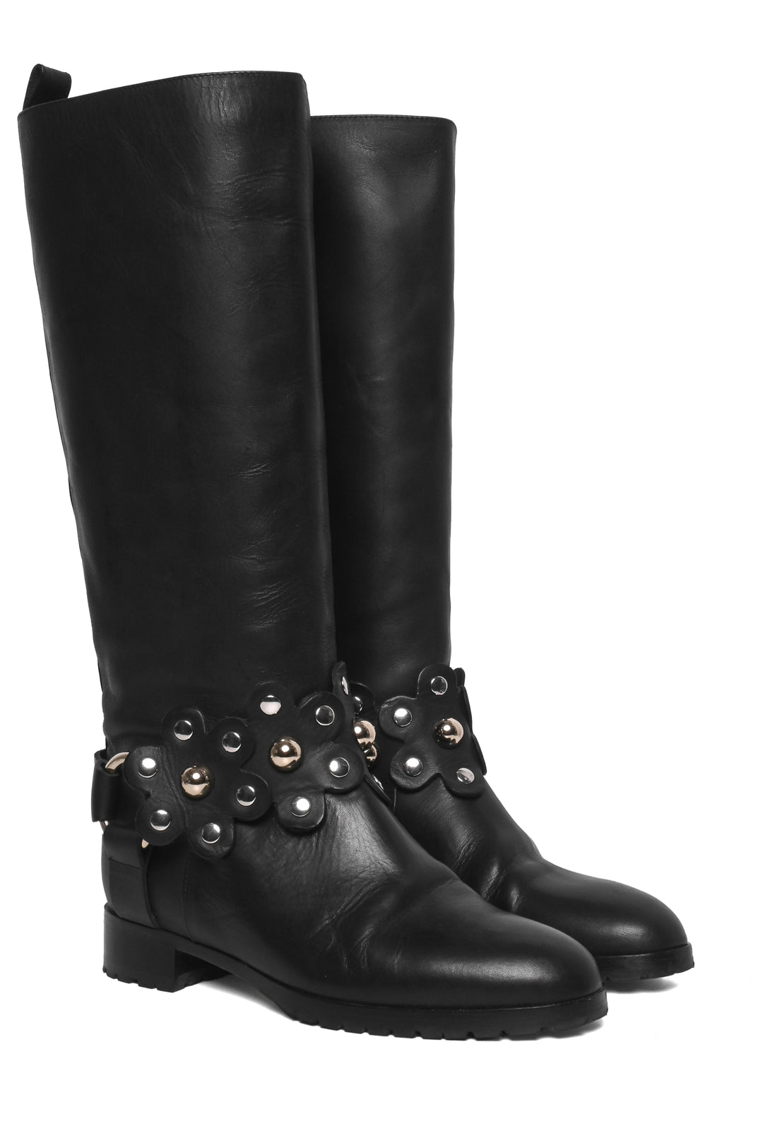 Red Valentino Size 37 Flower Puzzle Knee High Leather Boots