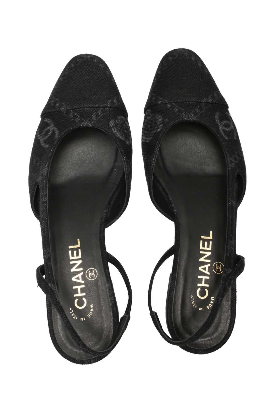 Chanel Size 37.5 Denim Printed Cap Toe Slingback Flats