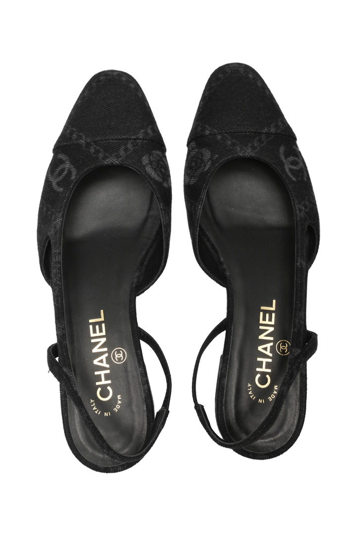 Chanel Size 37.5 Denim Printed Cap Toe Slingback Flats