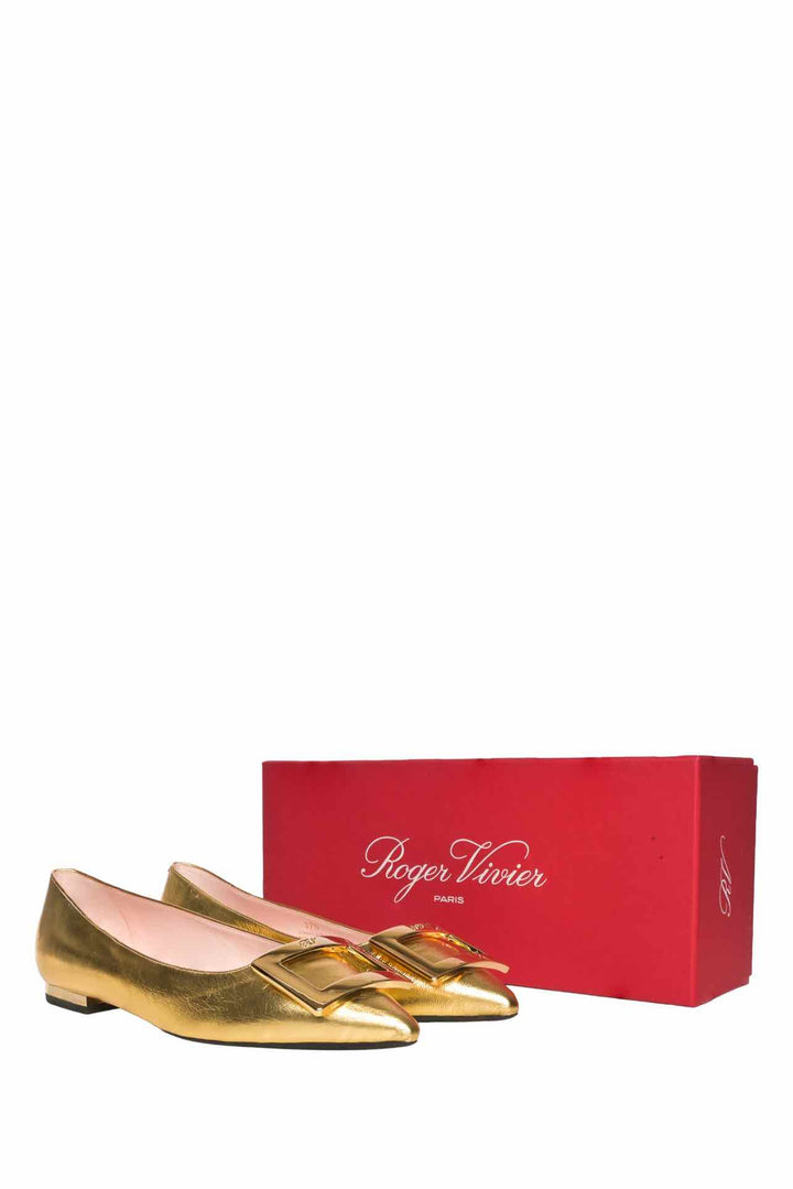 Roger Vivier Size 37.5 Gommettine Metallic Leather Ballet Flats