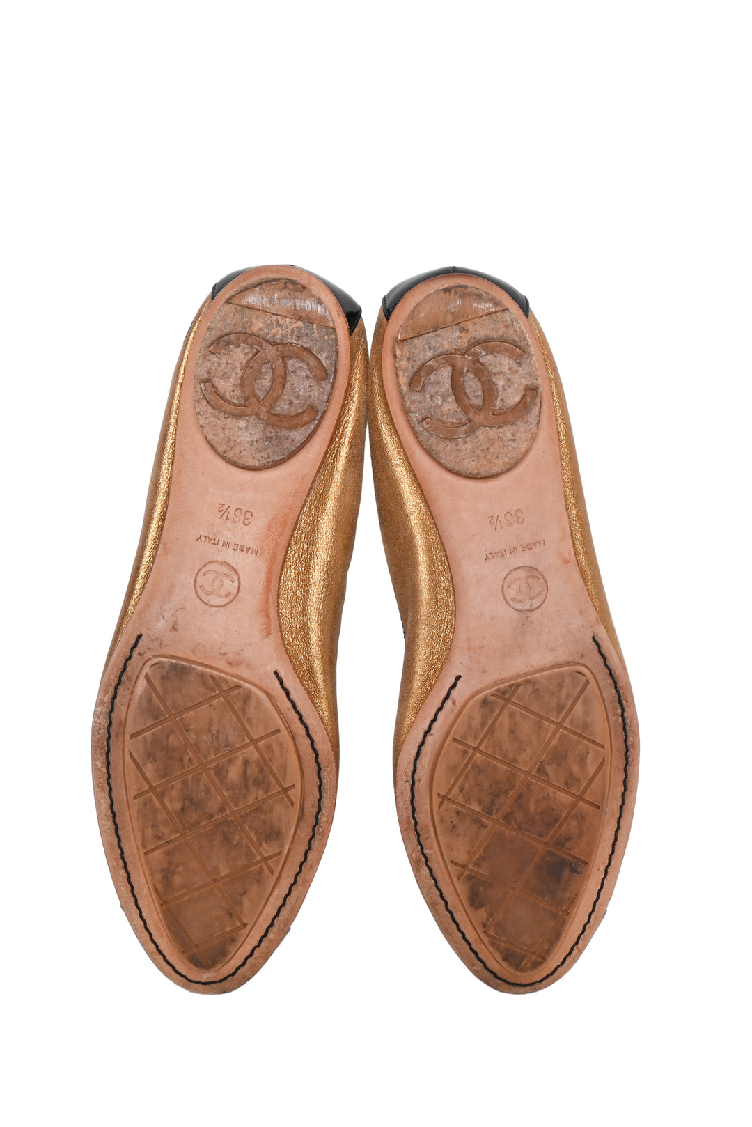 Chanel Size 36.5 Metallic Leather Elastic Trim Ballet Flats