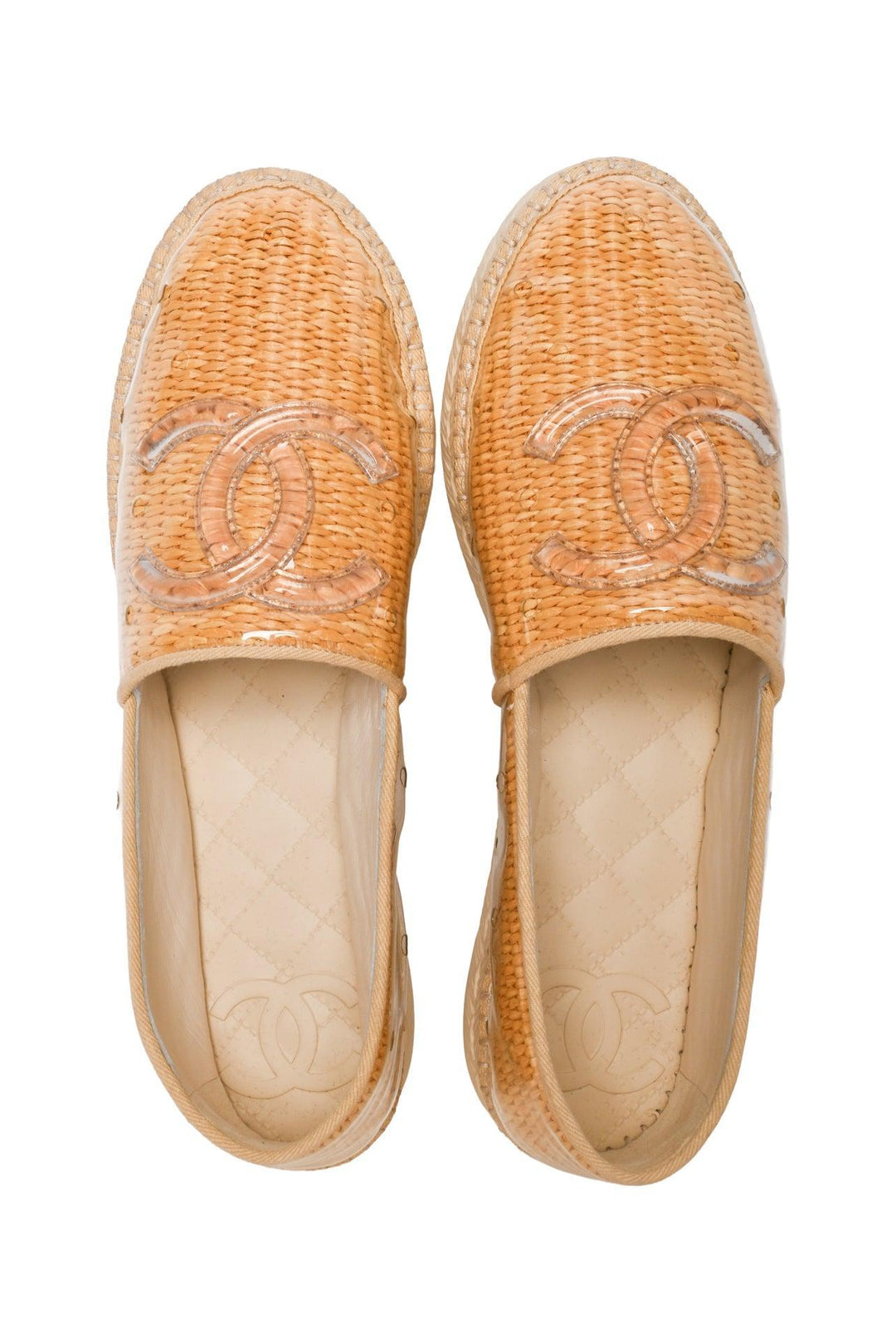 Chanel Size 38 Spring Summer 2019 Straw & PVC CC Logo Espadrille Flats