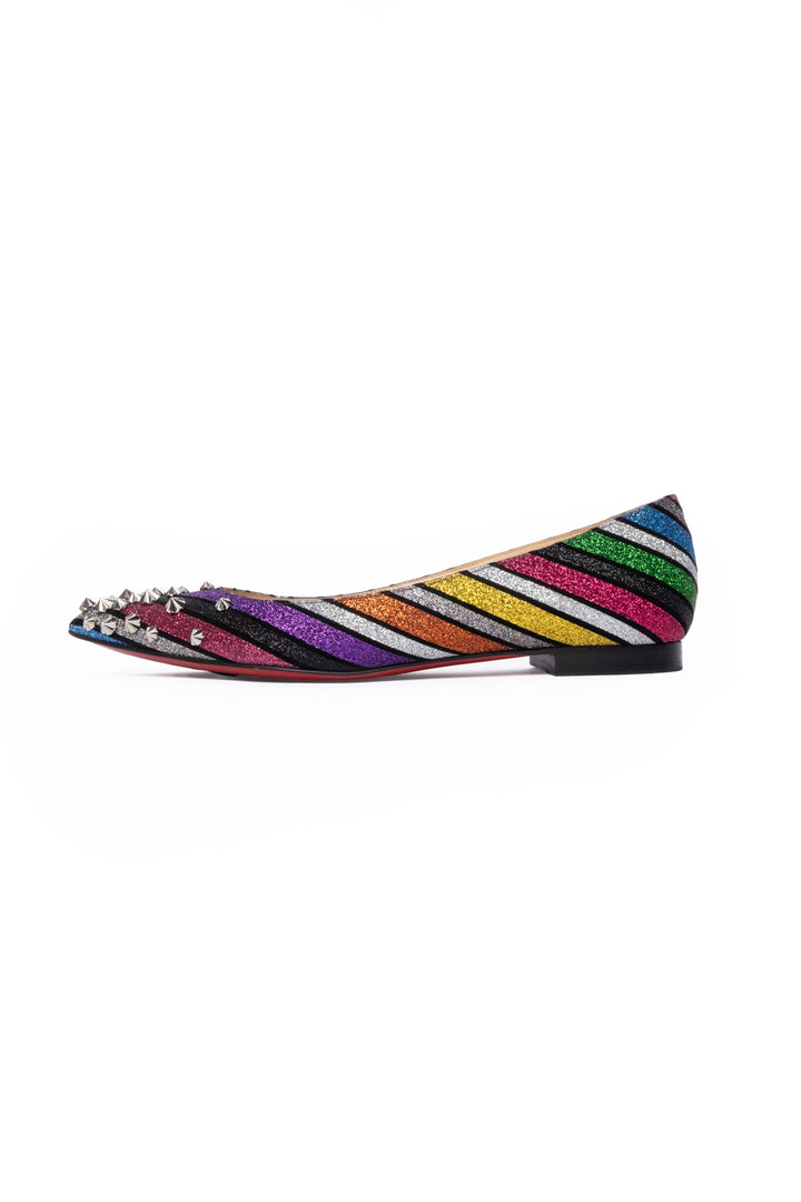 Christian Louboutin Size 38 Drama Rainbow Striped Spiked Leather Flats