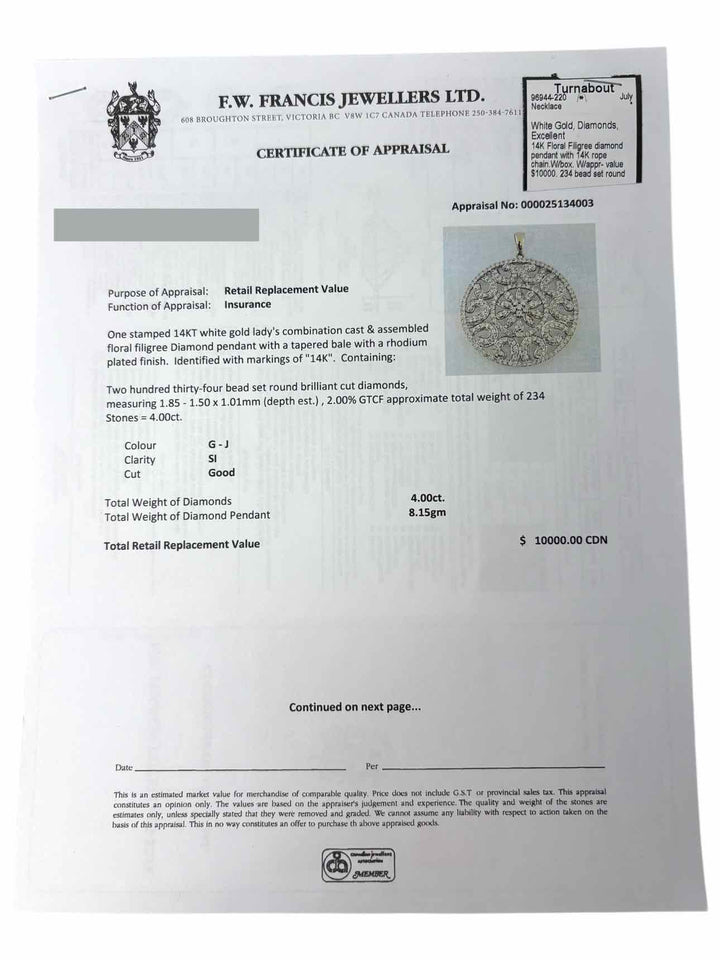 14K White Gold & Diamond Floral Filigree Pendant Necklace