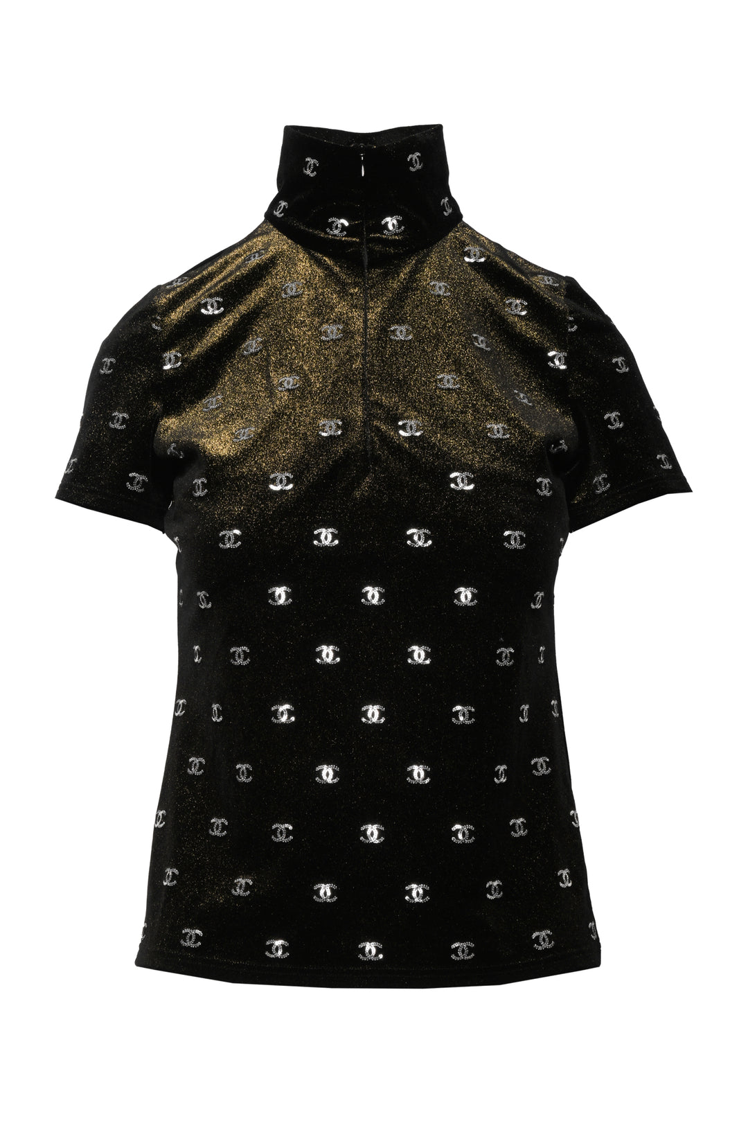 Chanel Size 4 Sequin CC Logo Metallic Velvet Half Zip Short Sleeve Tops