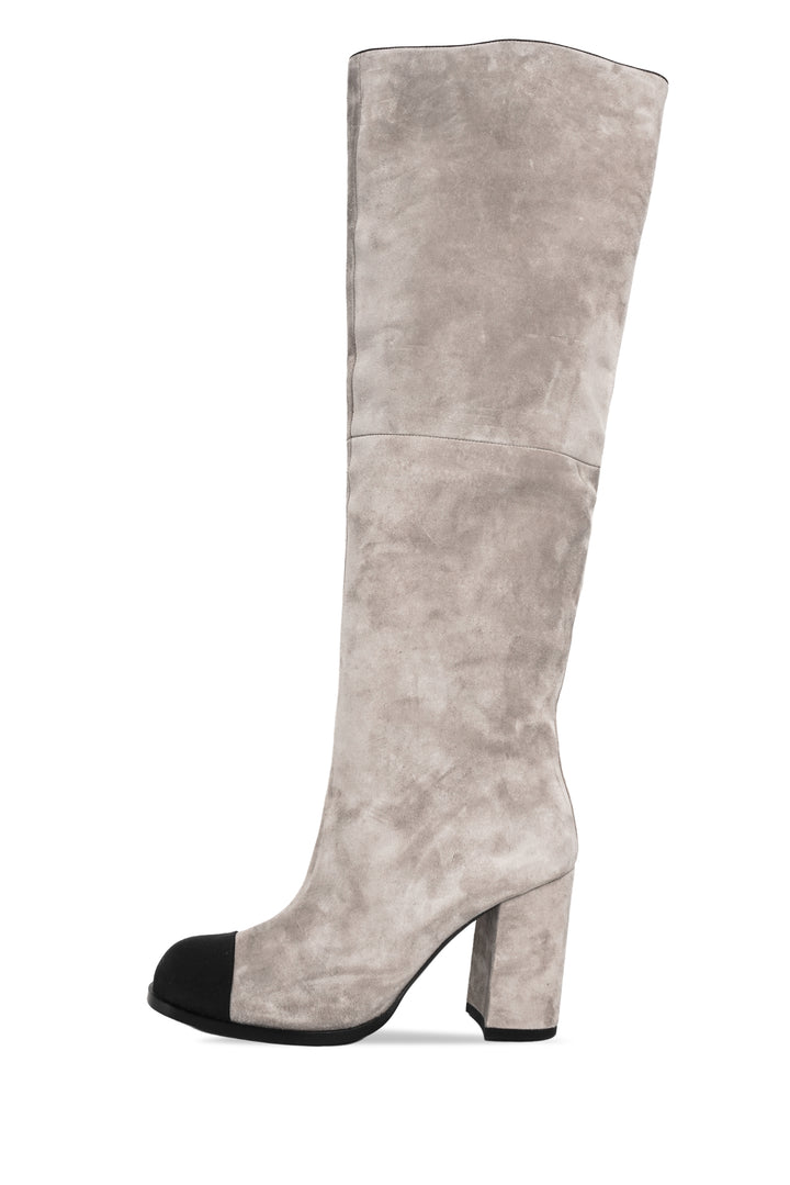 Chanel Size 38.5 Suede Grosgrain Cap Toe Knee High Boots