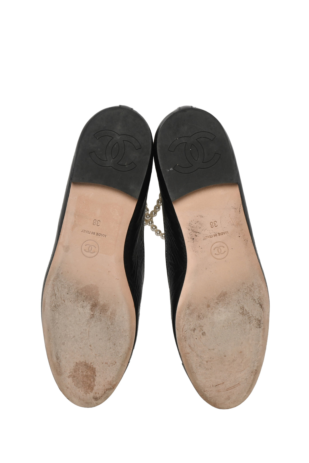 Chanel Size 38 Shiny Lambskin Cap Toe Pearl Chain Ballerina  Flats