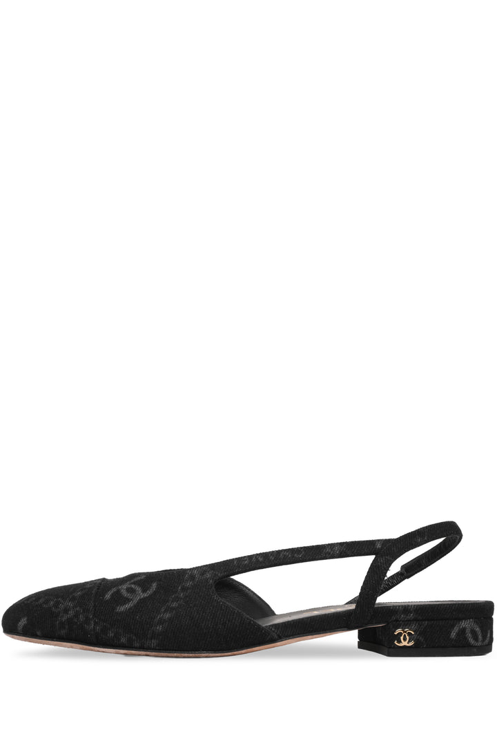 Chanel Size 37.5 Denim Printed Cap Toe Slingback Flats