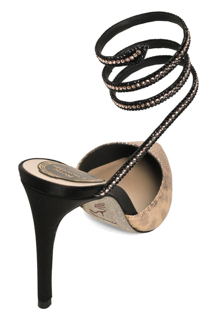 Rene Caovilla Size 36.5 Rose Gold Karung & Black Satin Crystal Spiral Pumps