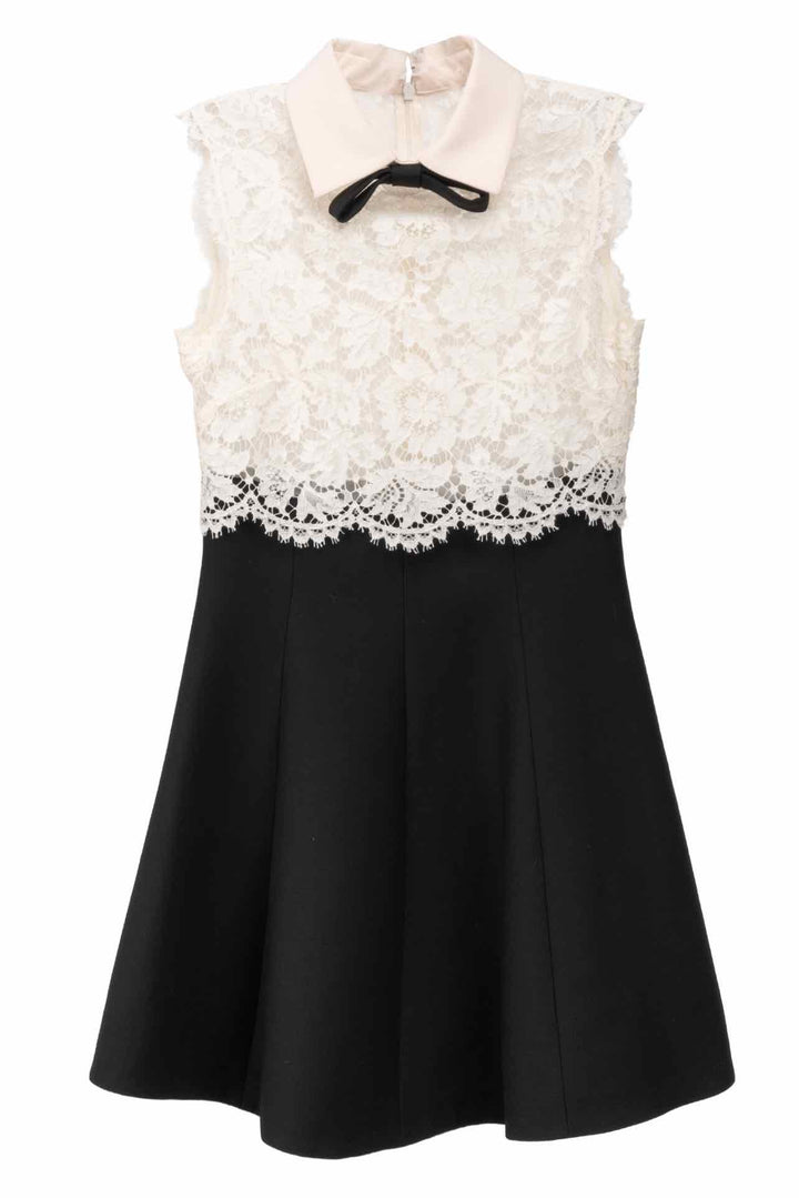 Valentino Size 38 Sleeveless Bow & Lace Wool Mini Dress