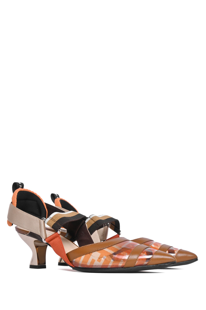 Fendi Size 39 Brown and Orange PVC Colibri Slingback Pumps