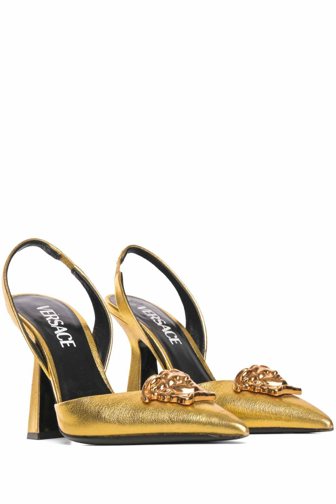 Versace Size 35.5 La Medusa Metallic Leather Slingback Pumps