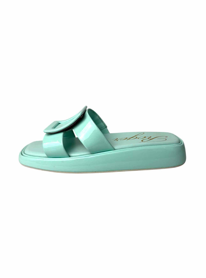 Roger Vivier Size 37 Buckle-Embellished Patent Leather Slide Mule Sandals