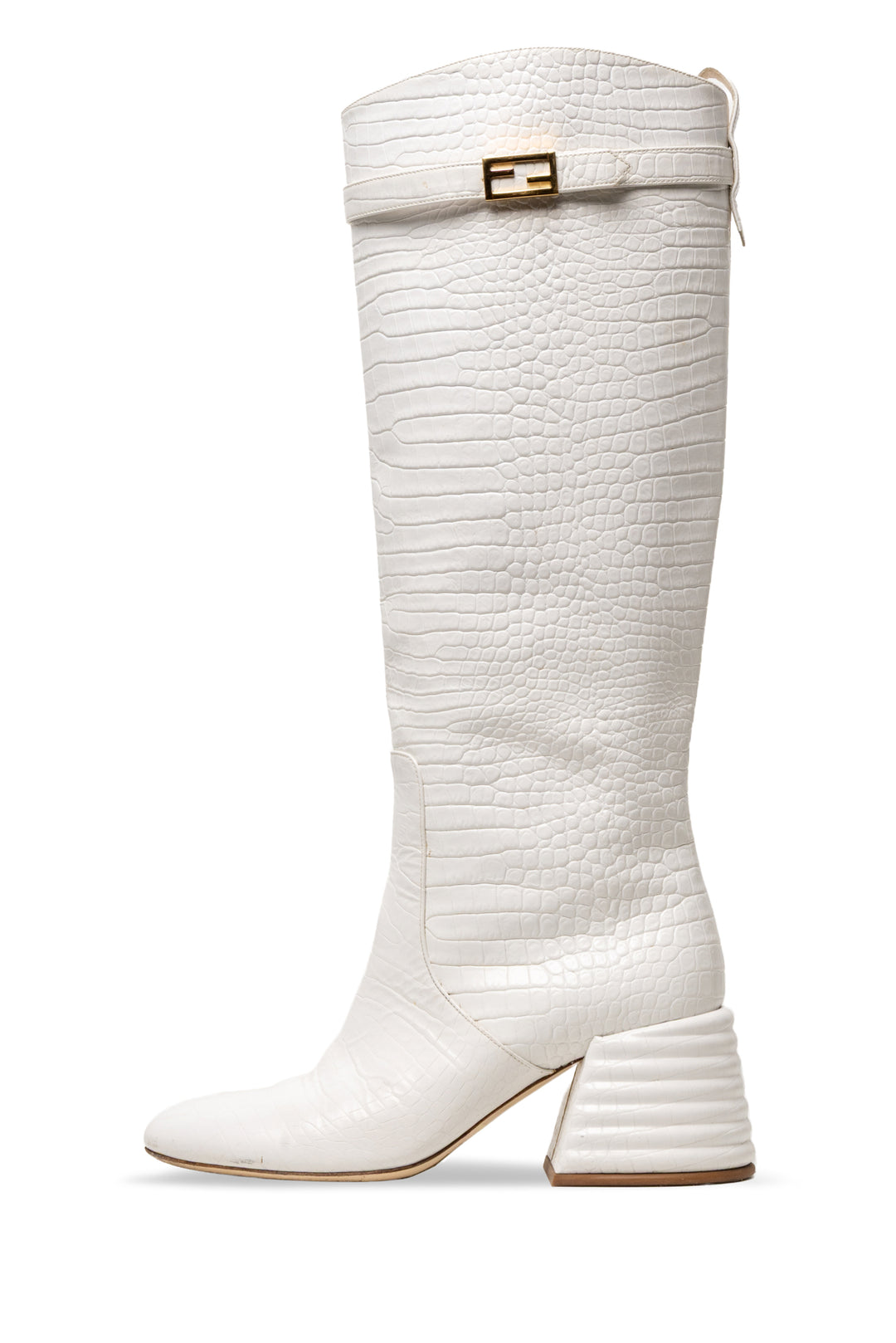 Fendi Size 38.5 Logo Plaque Crocodile Embossed Knee High Boots