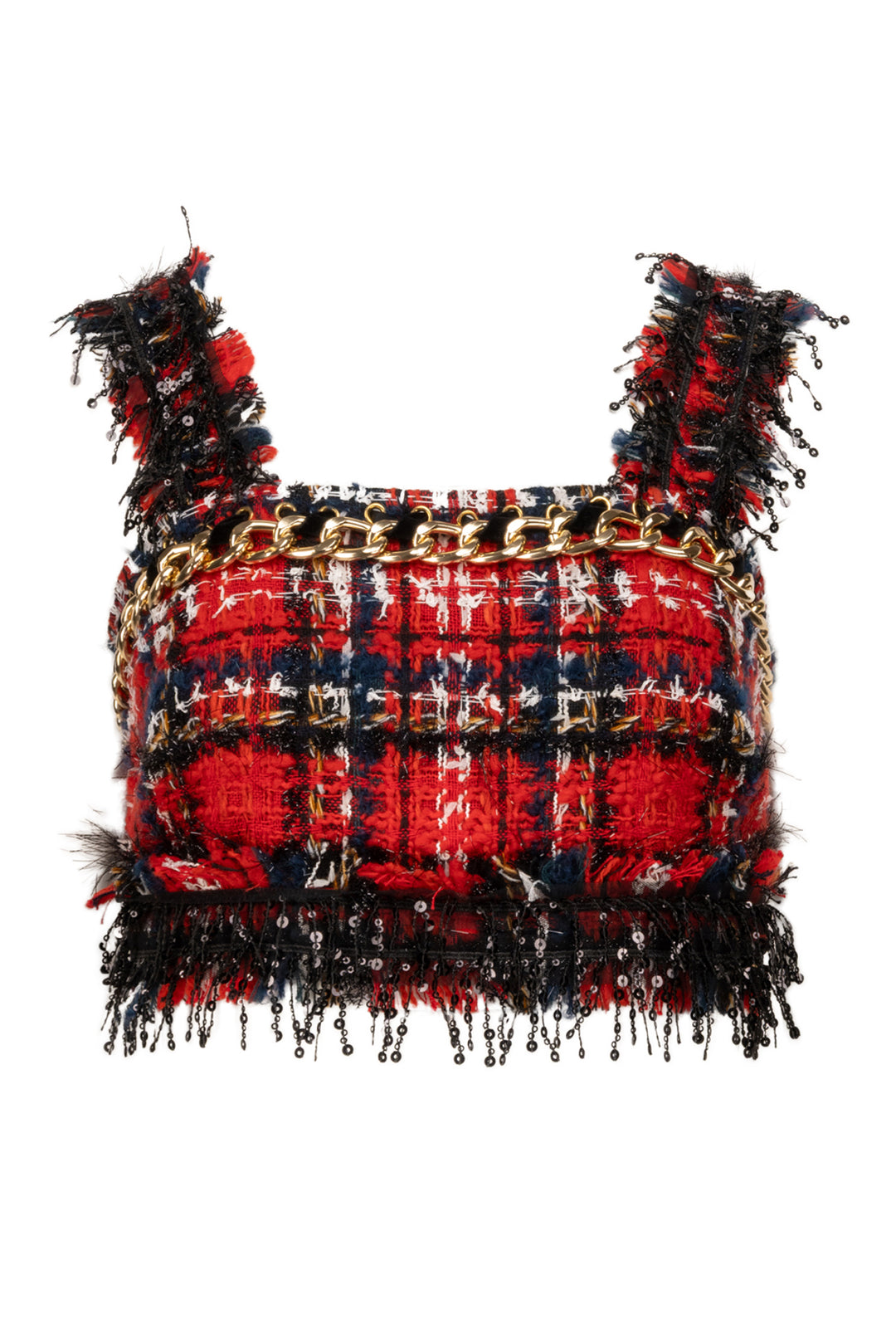 Balmain Size 39 Frayed Check Tweed & Chain Bra Top