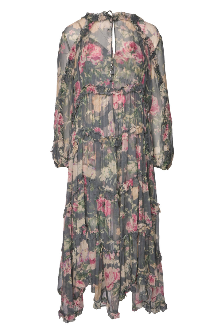 Zimmermann Size 1 Iris Floral Print Silk Ruffle Resort Midi Dress