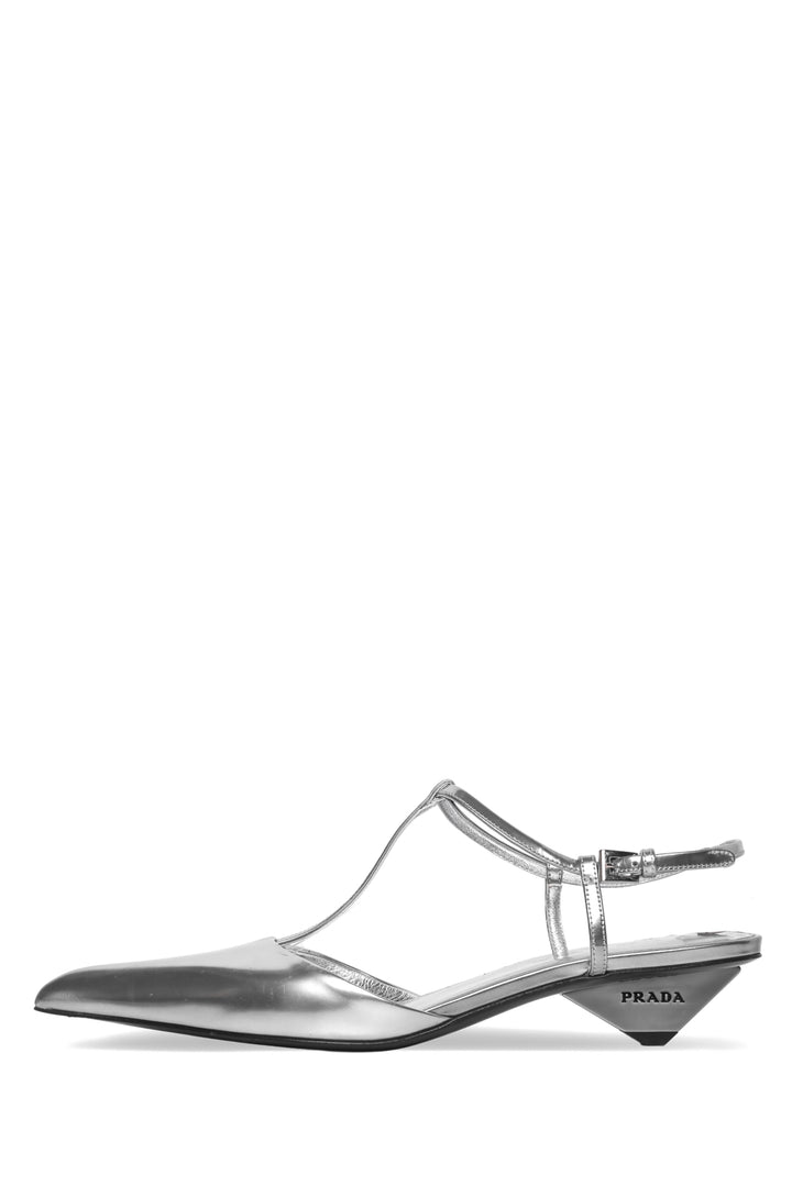 Prada Size 37 Metallic Leather T-Strap Slingback Kitten Heel Pointed Toe Pumps