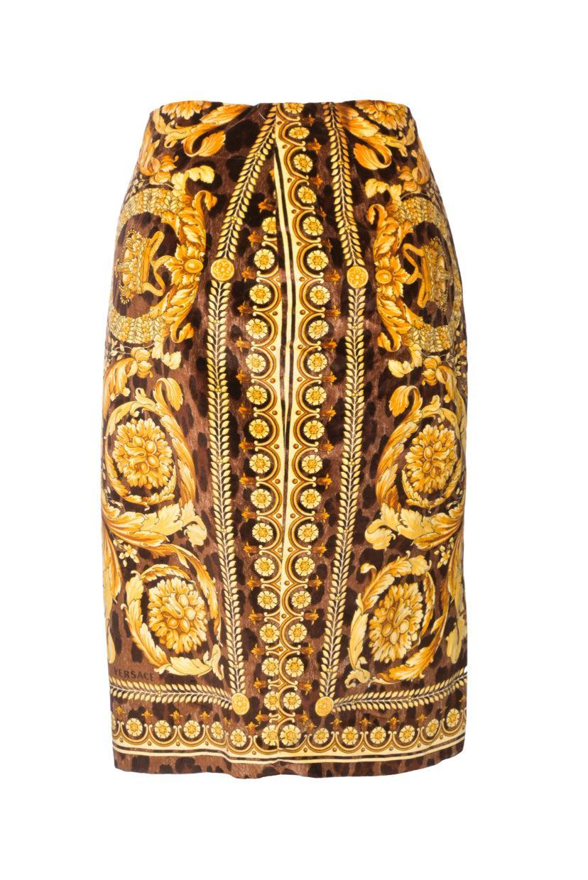 Versace Size 40 Leopard & Barocco Print Velour Knee Length Skirt