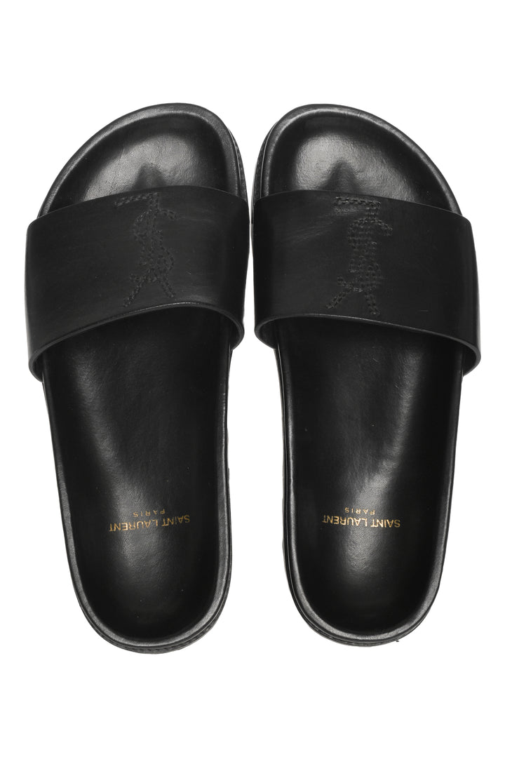 Saint Laurent Size 36.5 Embroidered Logo Leather Slides