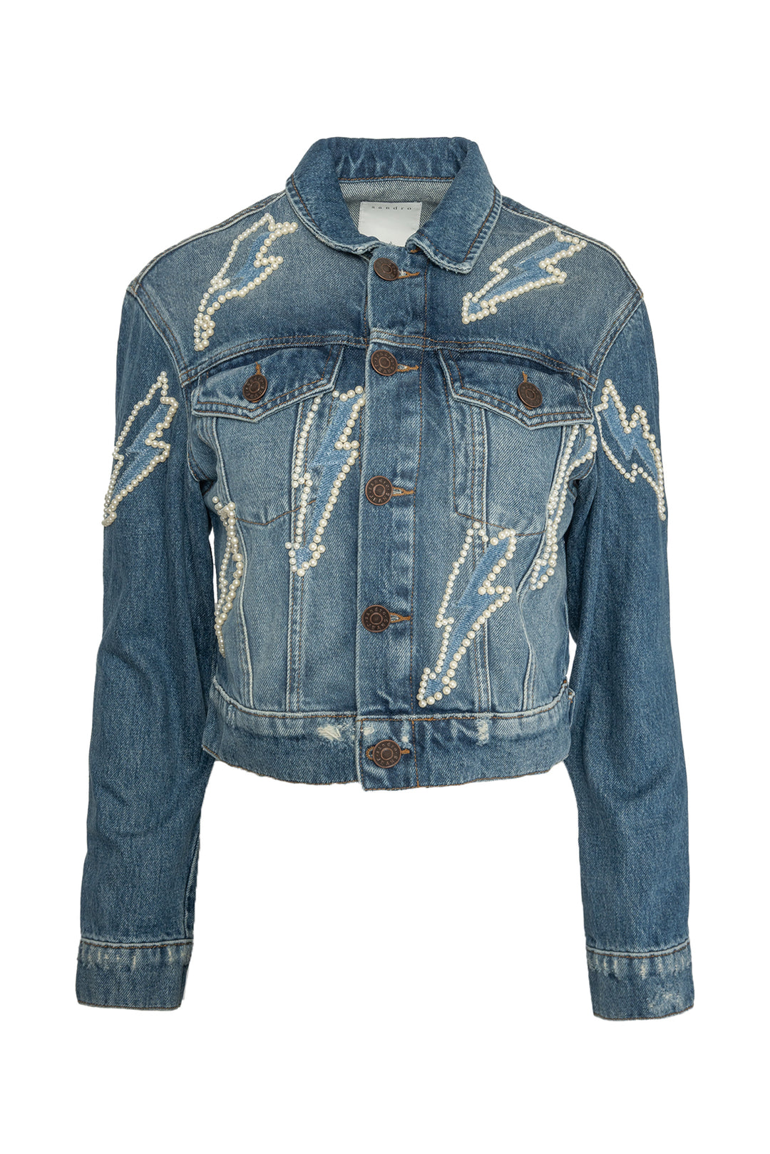 Sandro Size 34 Faux Pearl Embellished Lighting Bolt Denim Jacket