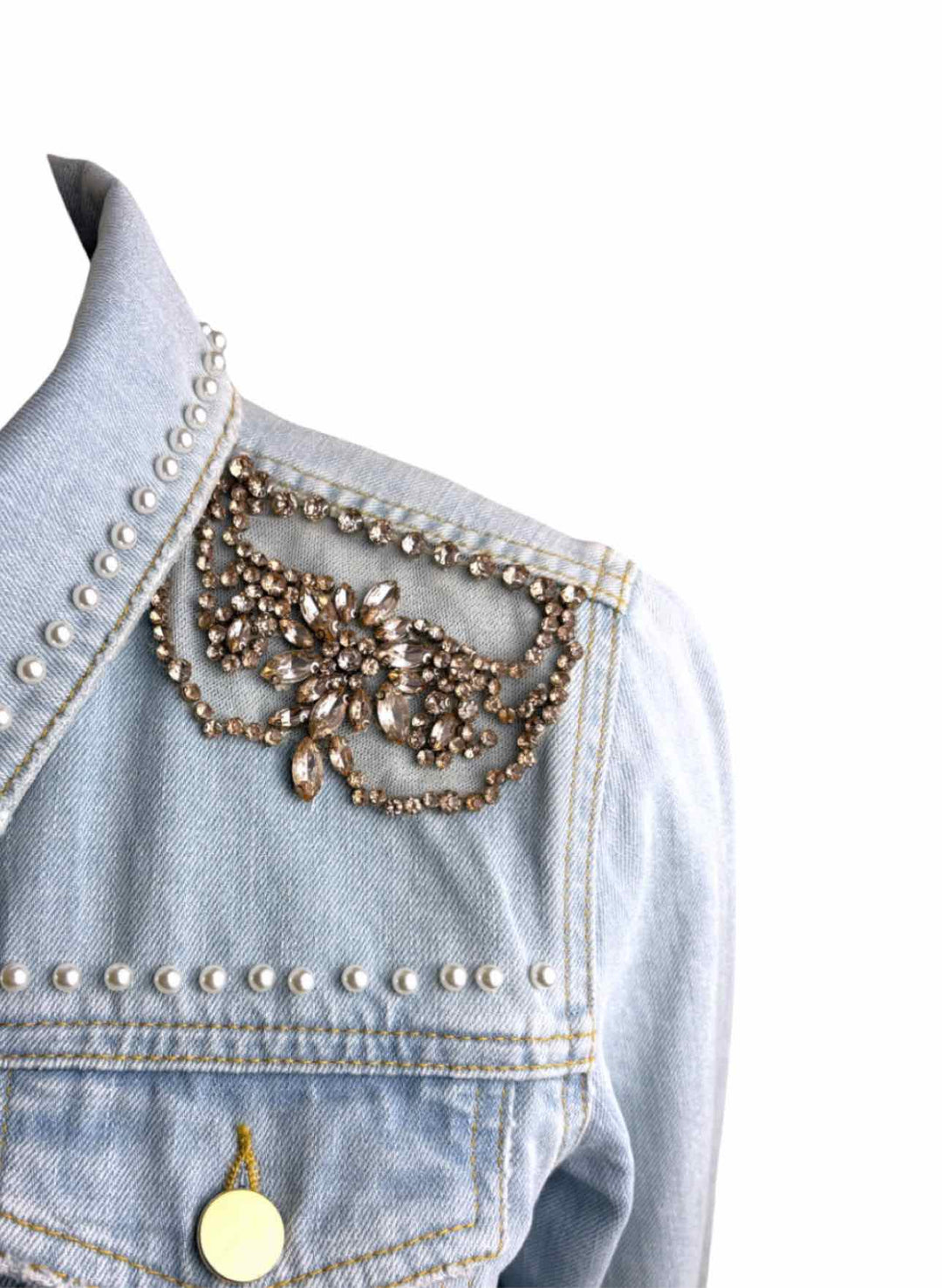 Twinset Size 44 Distressed Crystal Trim Denim Jacket