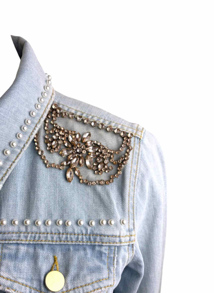 Twinset Size 44 Distressed Crystal Trim Denim Jacket