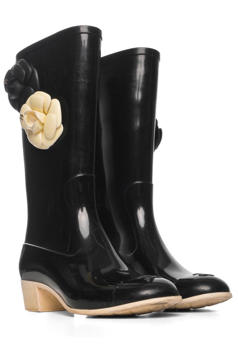 Chanel Size 36 Rubber Camellia Flower Rain Boots