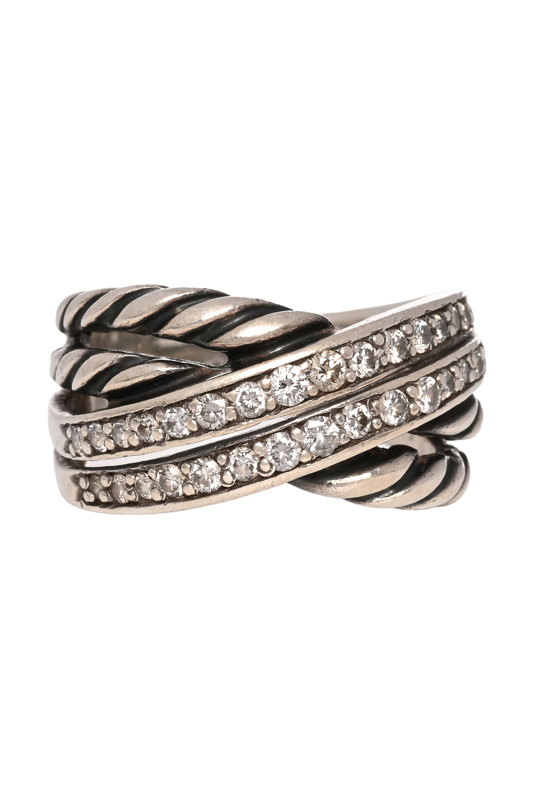 David Yurman Size 7 Silver Diamond Crossover Cable Band Ring