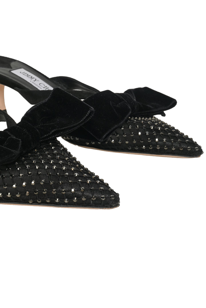 Jimmy Choo Size 38 Flaca Bow & Crystal Embellished Mesh & Suede Mules