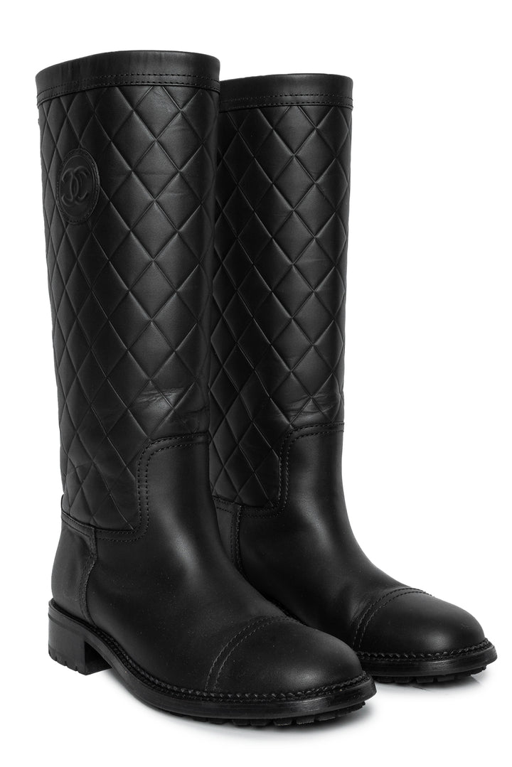 Chanel Size 37 Quilted Calfskin Leather Knee High Boots