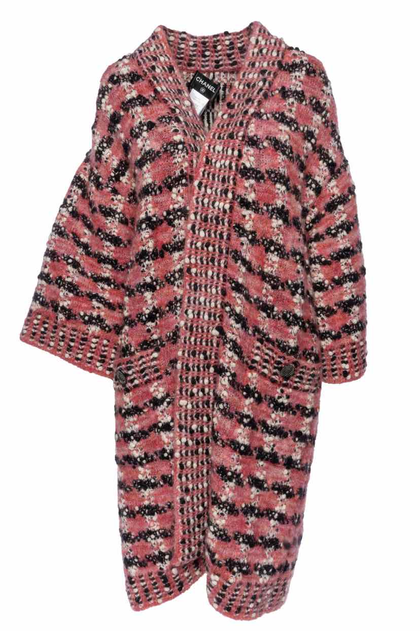 Chanel Size 38 Wool, Nylon & Mohair Blend Patterned Knit Long Cardigan