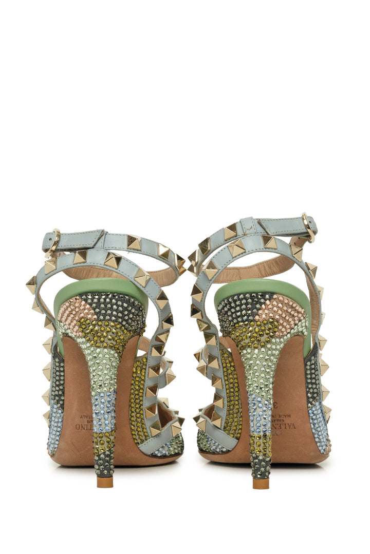 Valentino Size 38 Crystal Camouflage Rockstud Ankle Strap Pumps