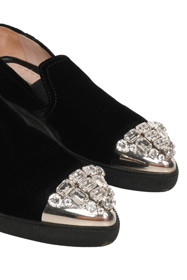 Miu Miu Size 36 Velvet Crystal Embellished Toe Cap Slip On Sneaker