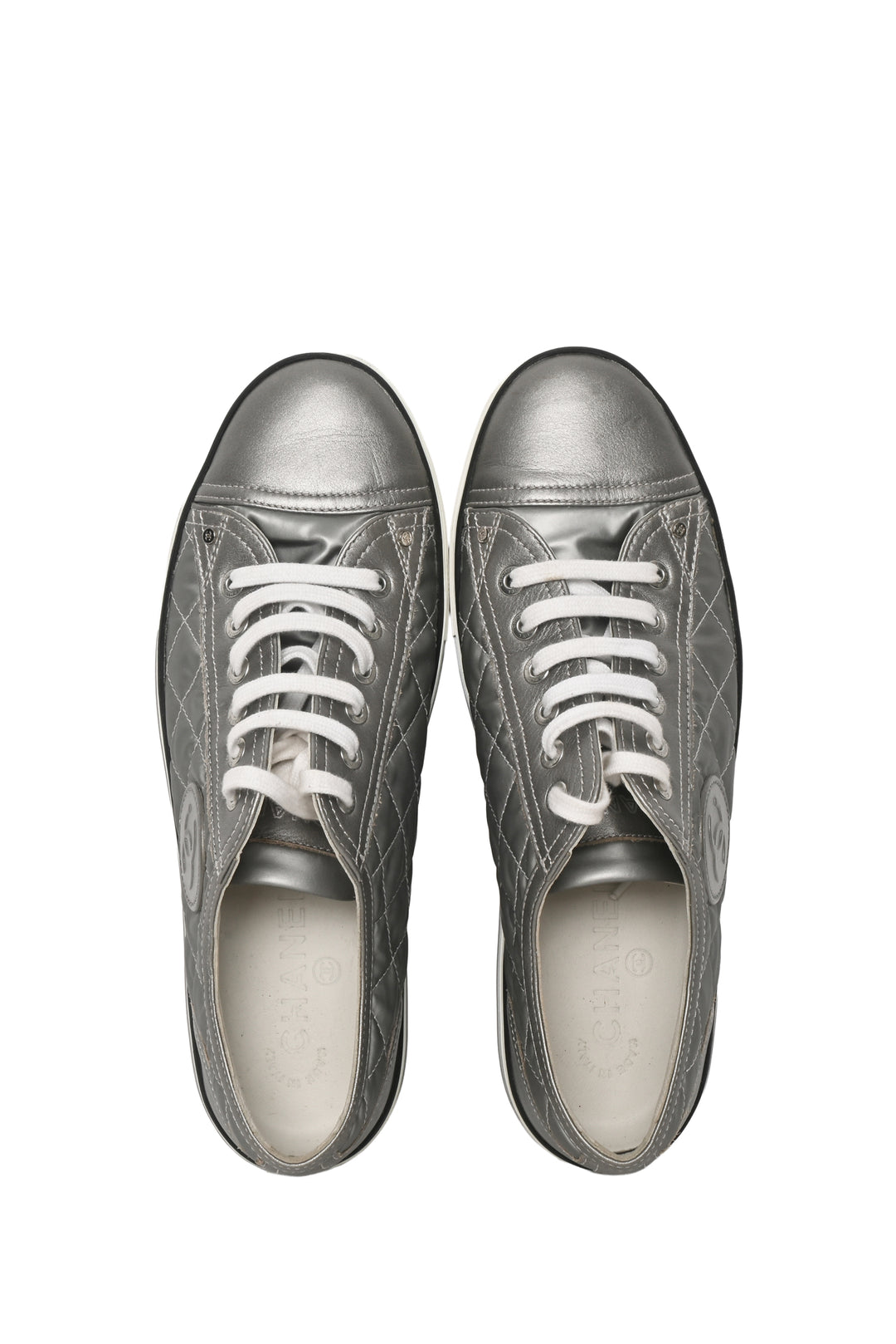 Chanel Size 39 Metallic Leather & Nylon Quilted CC Low Top Sneaker