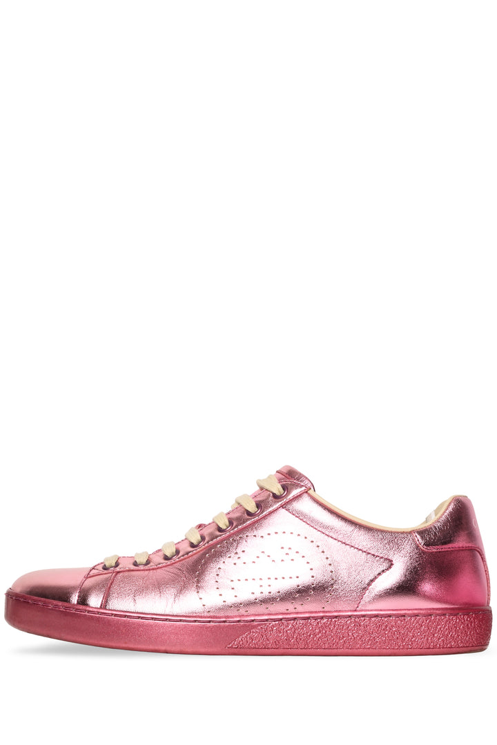 Gucci Size 40 Metallic Leather Perforated Interlocking GG Logo Ace Sneaker