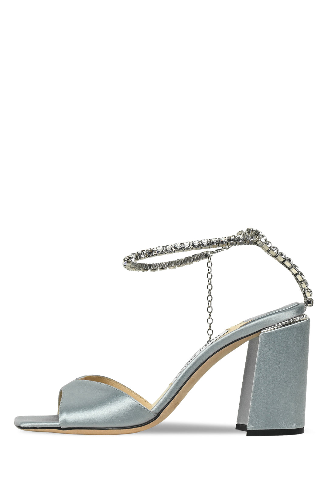 Jimmy Choo Size 37 Satin & Crystal Chain Saeda 85 Block Heel Sandals