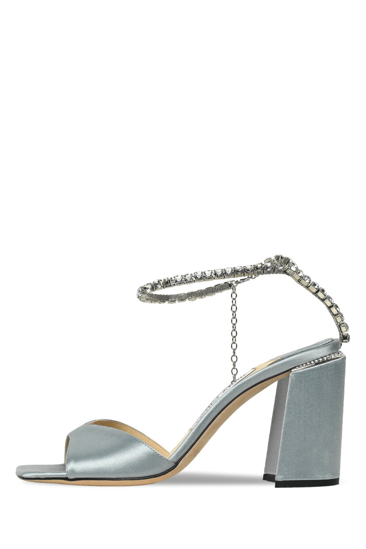 Jimmy Choo Size 37 Satin & Crystal Chain Saeda 85 Block Heel Sandals
