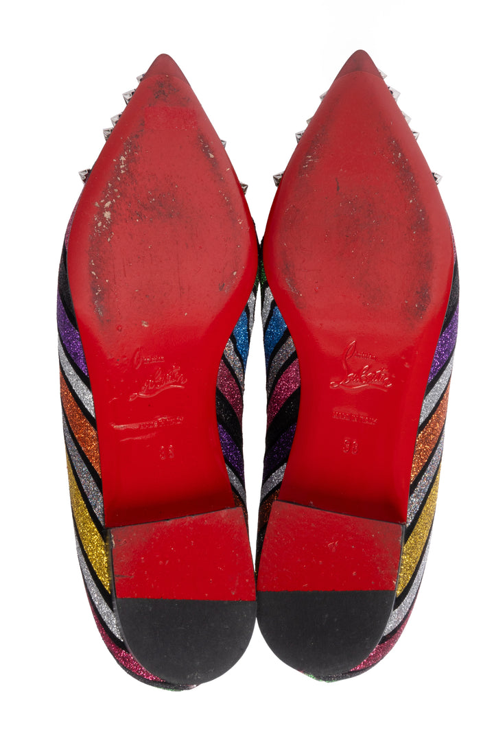 Christian Louboutin Size 38 Drama Rainbow Striped Spiked Leather Flats