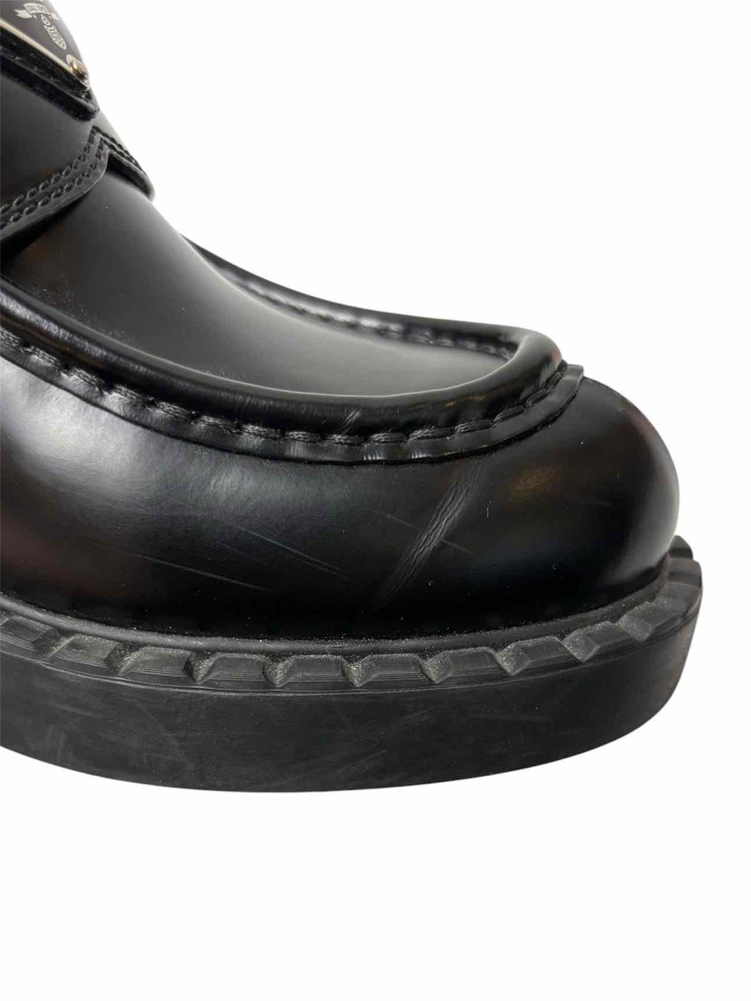 Prada Size 38 Brushed Leather Logo Loafers
