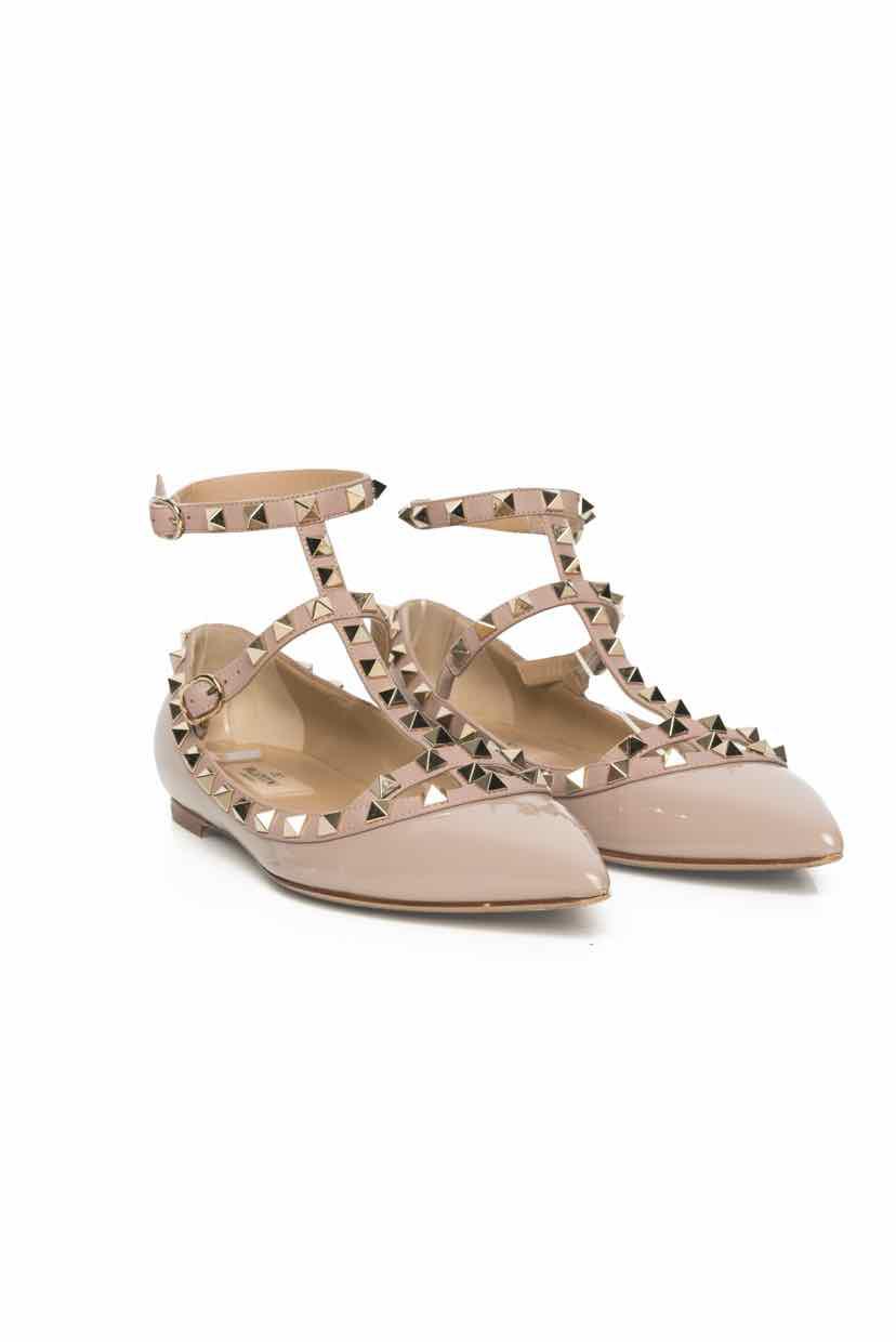 Valentino Size 37.5 Rockstud Pointed Toe Ankle Strap Flats