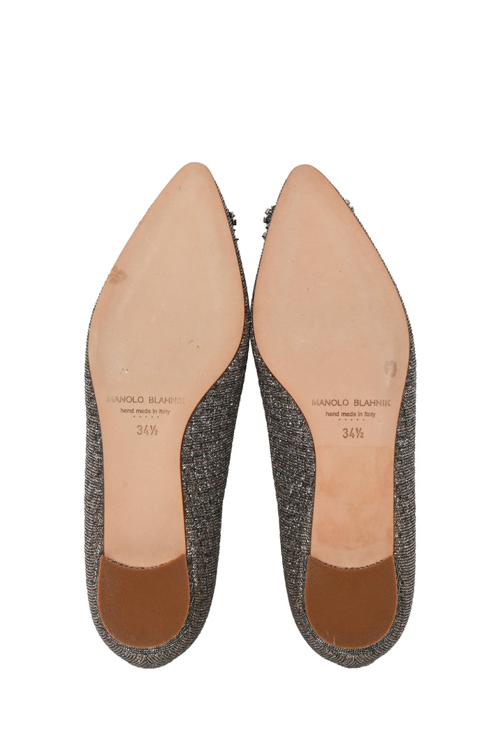 Manolo Blahnik Size 34.5 Hangisiflat Glitter Fabric Jewel Buckle Flats
