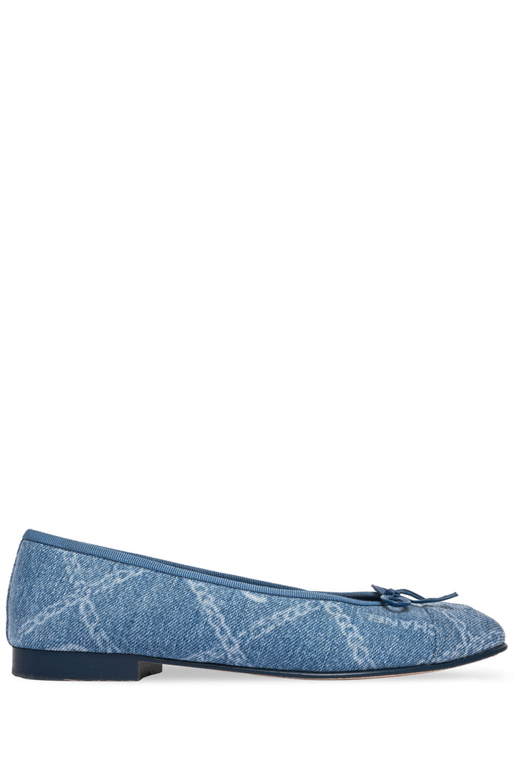Chanel Size 37.5 Denim Printed Cap Toe Ballerina Flats