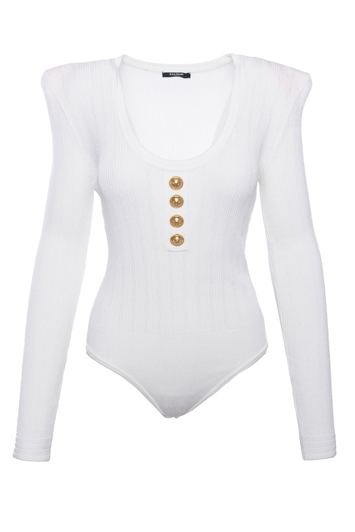 Balmain Size 42 Ribbed Knit Scoop Neck Bodysuit