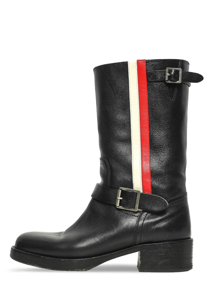 Dior Size 37.5 Leather Striped Motorcycle Boots