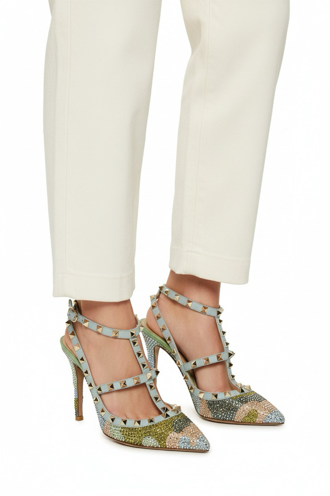 Valentino Size 38 Crystal Camouflage Rockstud Ankle Strap Pumps